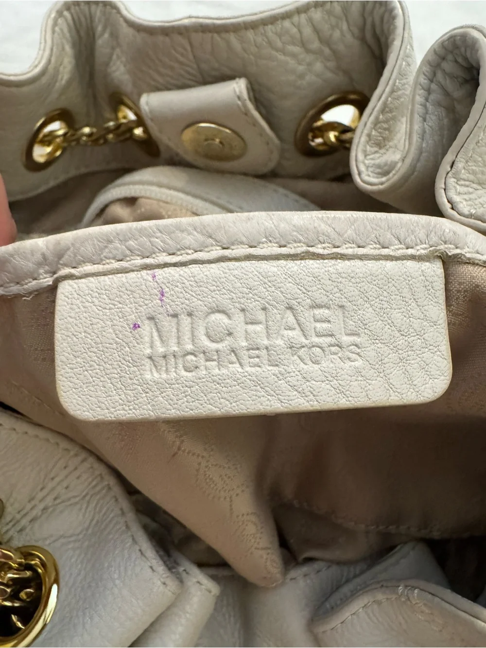 Michael Kors Off-White Pebbled Leather Drawstring Shoulder Bag | Gold Hardware